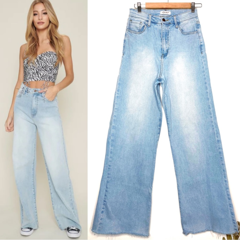 VIBRANT MIU Retro Light Stone Wash Ultra High Rise Raw Hem Wide Leg Jeans